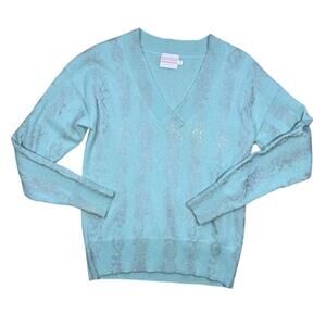 Brodie Cashmere Turquoise Blue Metallic Silver Foil Snakeskin V-Neck Sweater XS